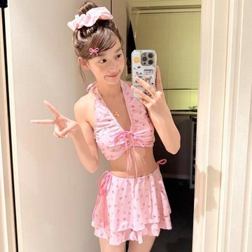 高級感純欲泳衣女2026新款印花掛脖性感比基尼海邊度假泳裝三件套