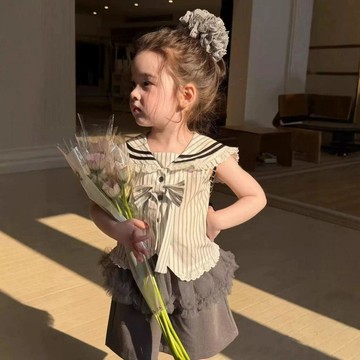 Mini baby🌷韓系女童夏季的海軍領甜美蝴蝶結百搭上衣屁簾褲套裝