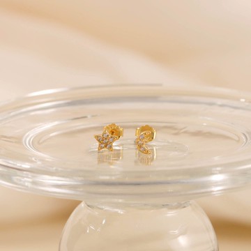 s925銀歐不對稱小巧星星月亮耳釘耳飾 抗敏感 可戴睡覺鋯石耳釘