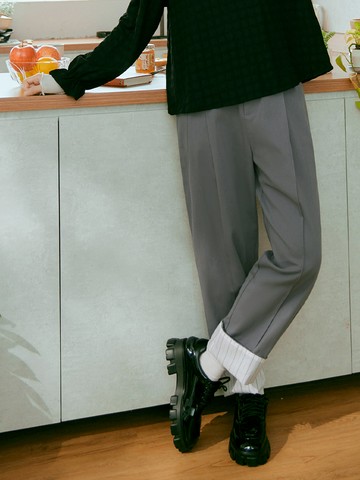 2WAY純棉不對稱腰頭拼接條紋反摺寬鬆長褲