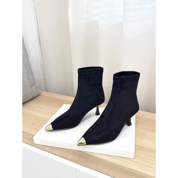 瘦瘦靴女高跟短靴2025秋冬新款加絨棉靴金屬尖頭細跟彈力襪子靴