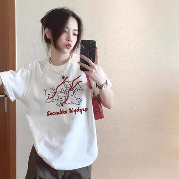 【砂糖夢境】夏季設計感大碼寬鬆圓領中長短袖T恤字母印花潮流學生青春百搭