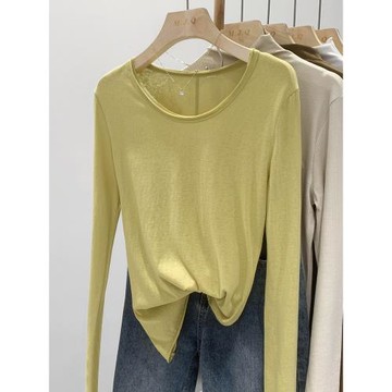 修身顯瘦長袖t恤女秋季2023新款純色卷邊軟糯打底辣妹上衣女