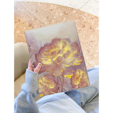 適用于ipad保護套ipad9殼復古鎏金荷花蘋果air5第十代平板2022新款pro11筆槽10.2硅膠mini6全包air6書本2025