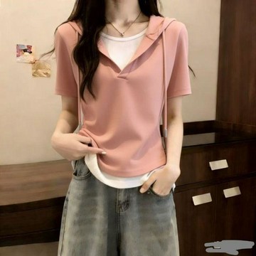 上衣 短袖 女裝 百搭顯瘦 純色連帽假兩件撞色上衣女夏季新款遮肉顯瘦減齡小衫百搭高檔
