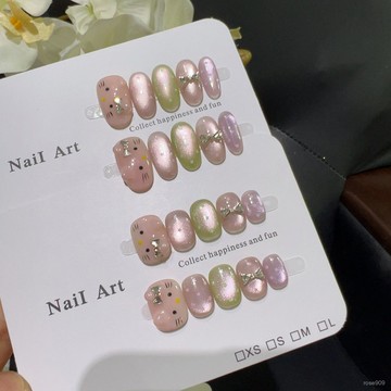 ➕最新設計款穿戴甲💅【糖果】手繪捏捏立體貓耳朵糖果色多巴胺貓眼純手工穿戴甲短橢圓穿戴甲 DQ3C