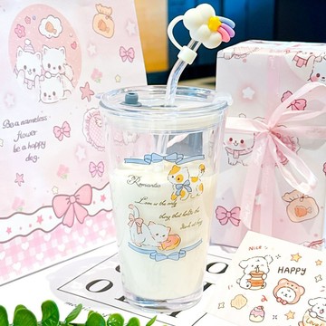 450ml玻璃吸管杯 帶蓋附吸管 貓咪杯子 玻璃水壺 高顏值水壺 牛奶杯 生日禮物 交換禮物 吸管玻璃杯