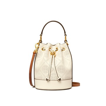 TORY BURCH T MONOGRAM 衝孔皮革迷你水桶包 84864(底部皮革修復過B品)   ~【 菲尼斯 國際精品 ★ 疊加現抵$2099 】