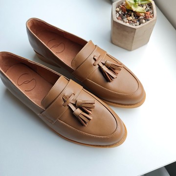 流蘇樂福鞋 台灣手工女鞋 真皮寬楦大尺碼鞋 女皮鞋 平底鞋-棕