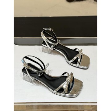 斷碼特價法式方頭水晶粗跟中跟涼鞋女夏蝴蝶結百搭一字扣帶高跟鞋