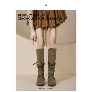 復古不過膝長筒靴女春秋平底百搭尖頭堆堆靴西部牛仔靴高筒騎士靴