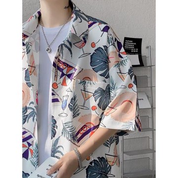 冰絲短袖花襯衫男士夏季潮牌痞帥胖子大碼寬松休閑夏威夷沙灘襯衣