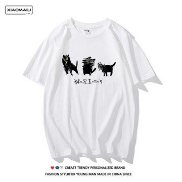 小黑貓咪拍照片寫真短袖日系卡通趣味男女純棉寬松百搭T恤衫ins潮