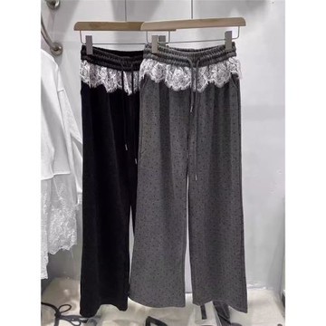 胖妹妹220斤大碼蕾絲花邊松緊闊腿褲2025春秋顯瘦高腰休閑長褲女