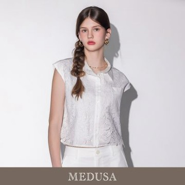 現貨【MEDUSA 曼度莎】氣質蕾絲層次感翻領抽繩無袖襯衫（M-XL）｜背心穿搭 無袖上衣 女背心