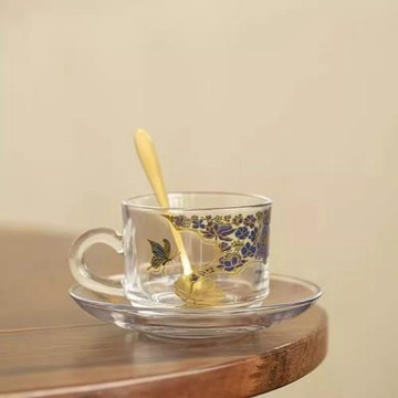 玻璃蝶戀花咖啡杯三件套加厚耐高溫泡茶杯高顏值主人杯個人專用杯