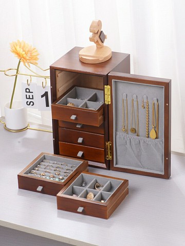 免運 實木首飾盒飾品收納盒 帶鎖實木三金首飾盒2023新款精致木質高檔黃金防氧化首飾收納盒小