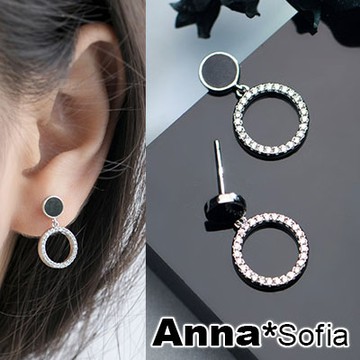AnnaSofia 黑釉圓片垂鑽空圈 925銀針耳針耳環(銀系)