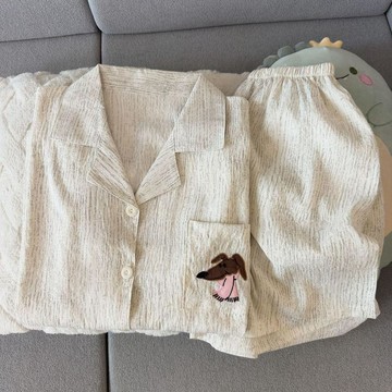 DUYI~夢詩 睡衣女刺繡小狗雲朵棉夏季短袖短褲新款學生卡通可愛家居服套外穿
