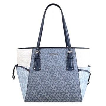 MICHAEL KORS VOYAGER 浮雕LOGO細閃撞色印花托特包.深藍