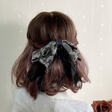 炭灰/古典蕾絲布藝香蕉夾 彈簧夾髮圈 大腸圈 髮夾 馬尾夾 髮梳