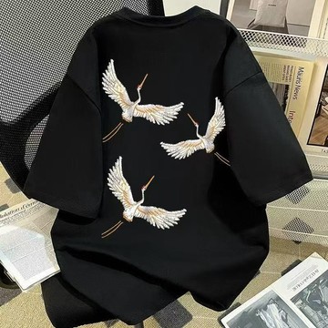1號倉庫短袖T恤男 大碼上衣男士 夏季男生衣服 100%純棉國潮牌美式仙鶴印花短袖t恤ins復古寬松情侶上衣