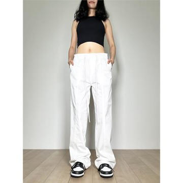 SWAGAL女裝秋季復古百搭純白全棉中腰抽繩寬松直筒顯瘦工裝褲長褲
