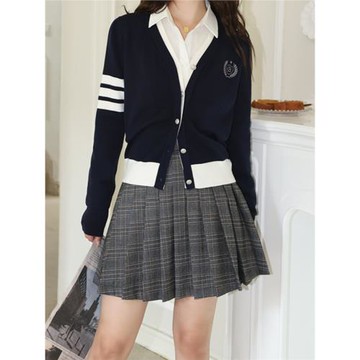 復古學院風針織開衫女減齡撞色V領毛衣外套