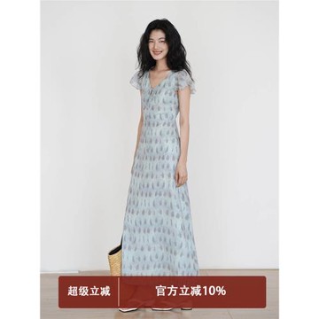 (免運)EIGHTHMONTH 法式復古花案v領連衣裙女夏季2025新款修身顯瘦裙子