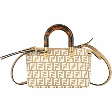 FENDI 芬迪  By The Way 迷你款 FF草編玳瑁提柄波士頓手提/肩背包(棕色)