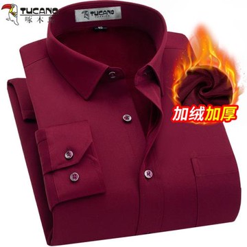 啄木鳥保暖襯衫男加絨加厚蛇年本命年酒紅色彈力中年爸爸大碼襯衣