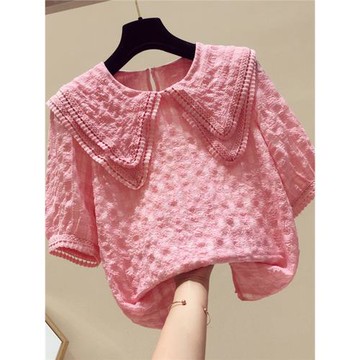 清倉撿漏~專柜外貿夏季娃娃領雪紡衫女短袖小眾設計感荷葉邊上衣