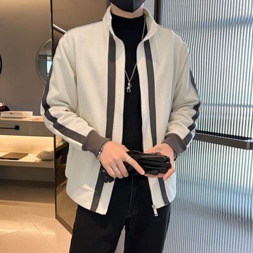 春秋新款男士立領夾克潮牌撞色拼接休閑開衫上衣ins潮流修身外套