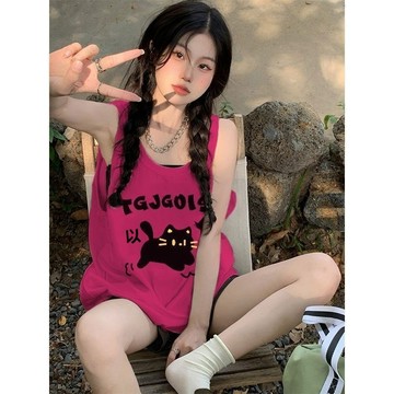 【砂糖夢境】清倉撿漏多巴胺卡通小貓印花玫紅色無袖背心女夏季必備寬鬆吊帶服
