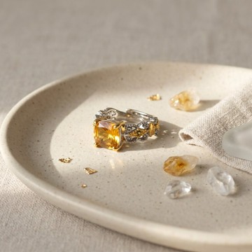 高品質 - 掐絲 925 銀鍍 18k 金鑲嵌天然黃水晶開口戒指大小能調
