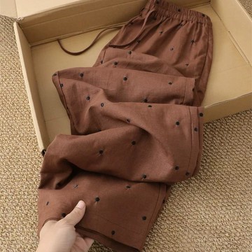 【台灣出貨】復古波點闊腿褲 復古波點棉麻休閒褲子 大碼女裝 2026新款 寬鬆休閒 百搭闊腿直筒褲 潮 舒適透氣
