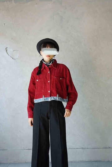 Restyle改造古著-大紅色粗燈芯絨牛仔腰頭下擺短版襯衫