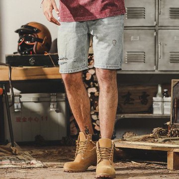 杰雷諾美式復古牛仔短褲男士夏季潮牌寬松直筒淺色破洞五分褲男款