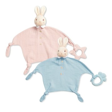 【奇哥】比得兔天絲泡泡紗安撫固齒組 35x28cm｜安撫巾+固齒器 新生兒 寶寶安撫 安全矽膠 磨牙 抓握練習