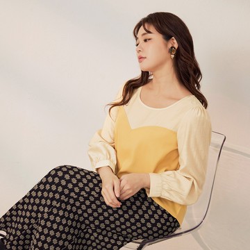 OB嚴選 雲朵自訂款-馬甲造型拼接泡泡袖上衣 《AB19818》大尺碼/女裝/現貨