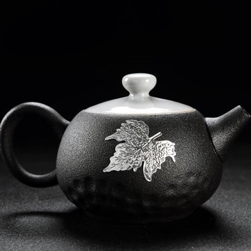 舊望格粗陶茶具品茗杯家用日式茶葉罐黑陶茶杯鑲錫楓葉側把茶壺