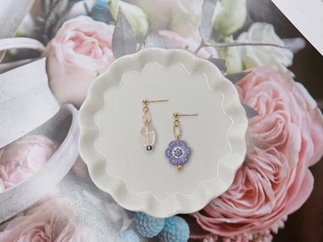 紫丁花開 || 捷克花珠 粉棗晶 堇青石 不對稱耳環 桃花耳環