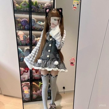 【臺灣有貨】洛麗塔慵懶風垂感撞色條紋打底衫蝴蝶結黑白格毛呢背帶裙兩件套裝