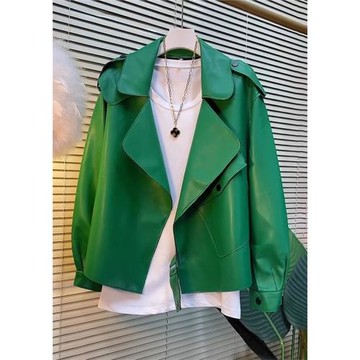 時尚寬松顯瘦皮衣女外套2025年秋季新款韓版綠色時尚皮夾克上衣
