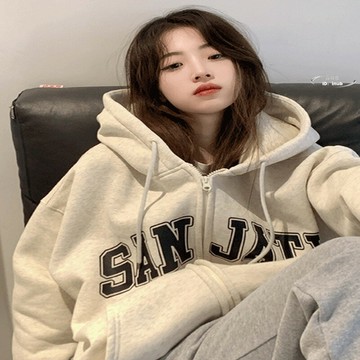 拉鏈開衫衛衣 連帽衛衣 百搭衛衣 休閒裝TXT 拉鏈開衫美式寬鬆慵懶風灰色加厚連帽衛衣女OVERSIZE加絨外套