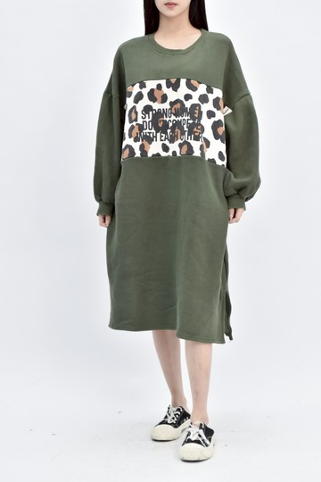 (2XL) moda 綠色內刷毛長袖洋裝
