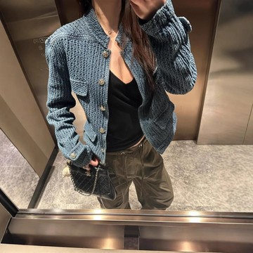 夾克 短款 外衣 外套 春季老錢風開春穿搭短款牛仔小香風女外套新款肌理感夾克春秋