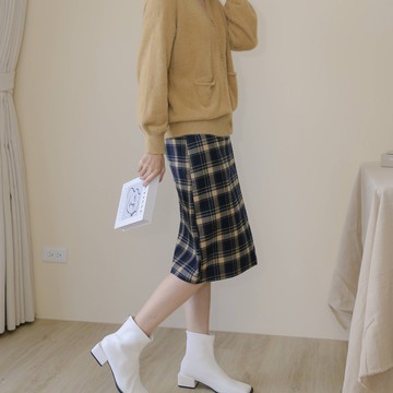 【Our Studio】復古格紋後開衩長裙 藍黃色 藍白色(現貨)