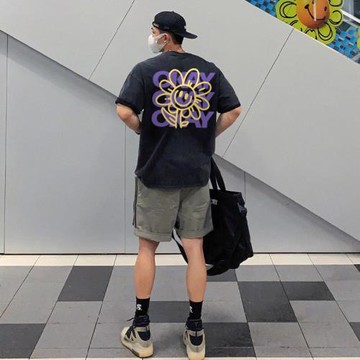 美式潮牌微笑太陽花印花短袖T恤男夏季半袖體恤純棉黑色寬松衣服