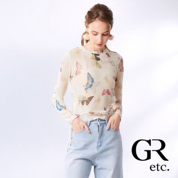 【GLORY21】網路獨賣款-etc.透膚蝴蝶圖騰側抽繩長袖上衣-米白色